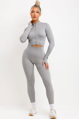 womens ribbed ruched bum leggings and zip up long sleeve activewear top