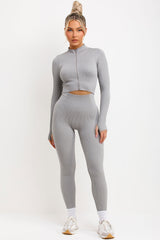 womens ribbed ruched bum leggings and zip up long sleeve activewear jacket two piece set gym wear