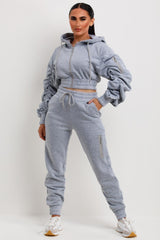 womens joggers and ruched sleeve cropped hooded zipper lounge set