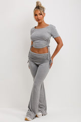 fold over ruched side detail flare trousers and crop top co ord set grey