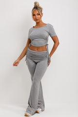 ruched side fold detail flare trousers and top co ord set grey