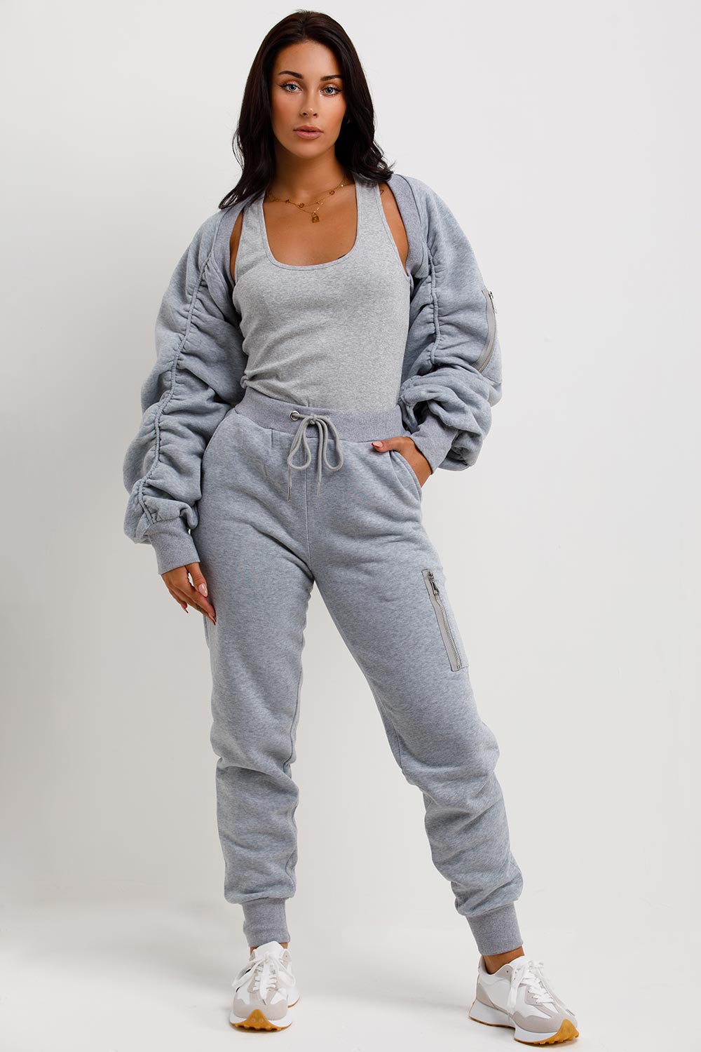 ruched sleeve three piece loungewear co ord set