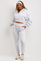womens crop tracksuit ruched sleeve hoodie and joggers set