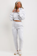 womens ruched sleeve crop hoodie and joggers tracksuit set