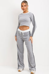 contrast side stripe wide leg trousers and long sleeve crop top two piece tracksuit set grey