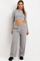 womens wide leg jogger trousers and long sleeve crew neck top loungewear set 