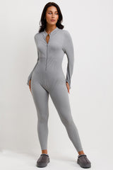 long sleeve ribbed jumpsuit unitard with zip front