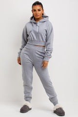 womens grey crop hooded tracksuit co ord set
