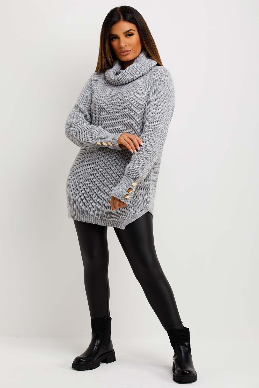 womens knitted jumper with roll neck and gold button cuff