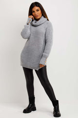 womens roll neck knitted jumper and gold button cuff
