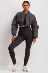 charcoal grey bomber jacket with utility pockets