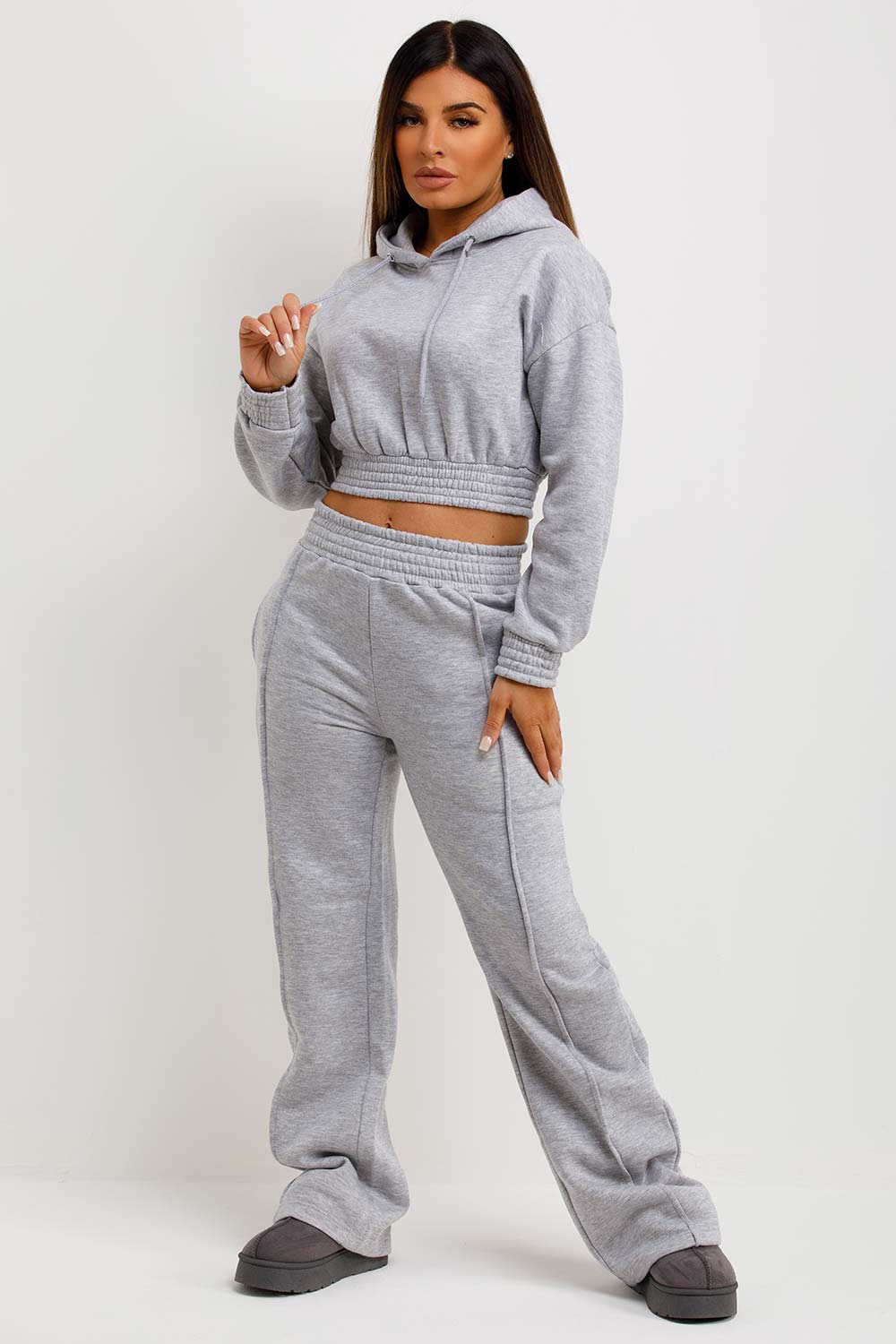 womens tracksuit co ord straight leg joggers and crop hoodie