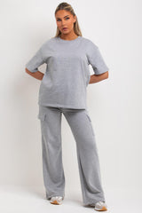 womens grey wide leg trousers and t shirt co ord loungewear set