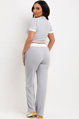 contrast ribbed wide leg trousers and crop top co ord loungewear set airport outfit