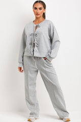 long sleeve tie front sweatshirt and trousers loungewear co ord set styledup