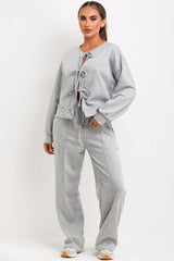 long sleeve tie front top and trousers loungewear set for womens