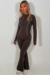 zip up sports jacket and scrunch bum skinny flare pants two piece set brown