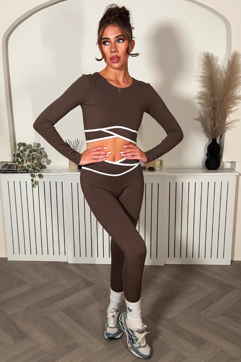 v crossover waist leggings and long sleeve crop top two piece co ord set brown styledup 