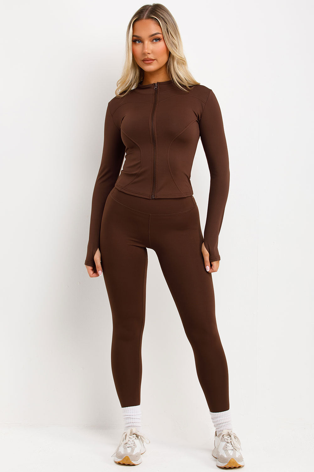 womens zip up sports jacket and leggings two piece set lululemon activewear gym co ord