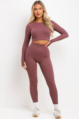 lululemon high waist body contouring leggings and long sleeve crop top co ord set womens activewear gym outfit plum