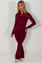 womens activewear zip up sports jacket and scrunch bum flare pants two piece set burgundy