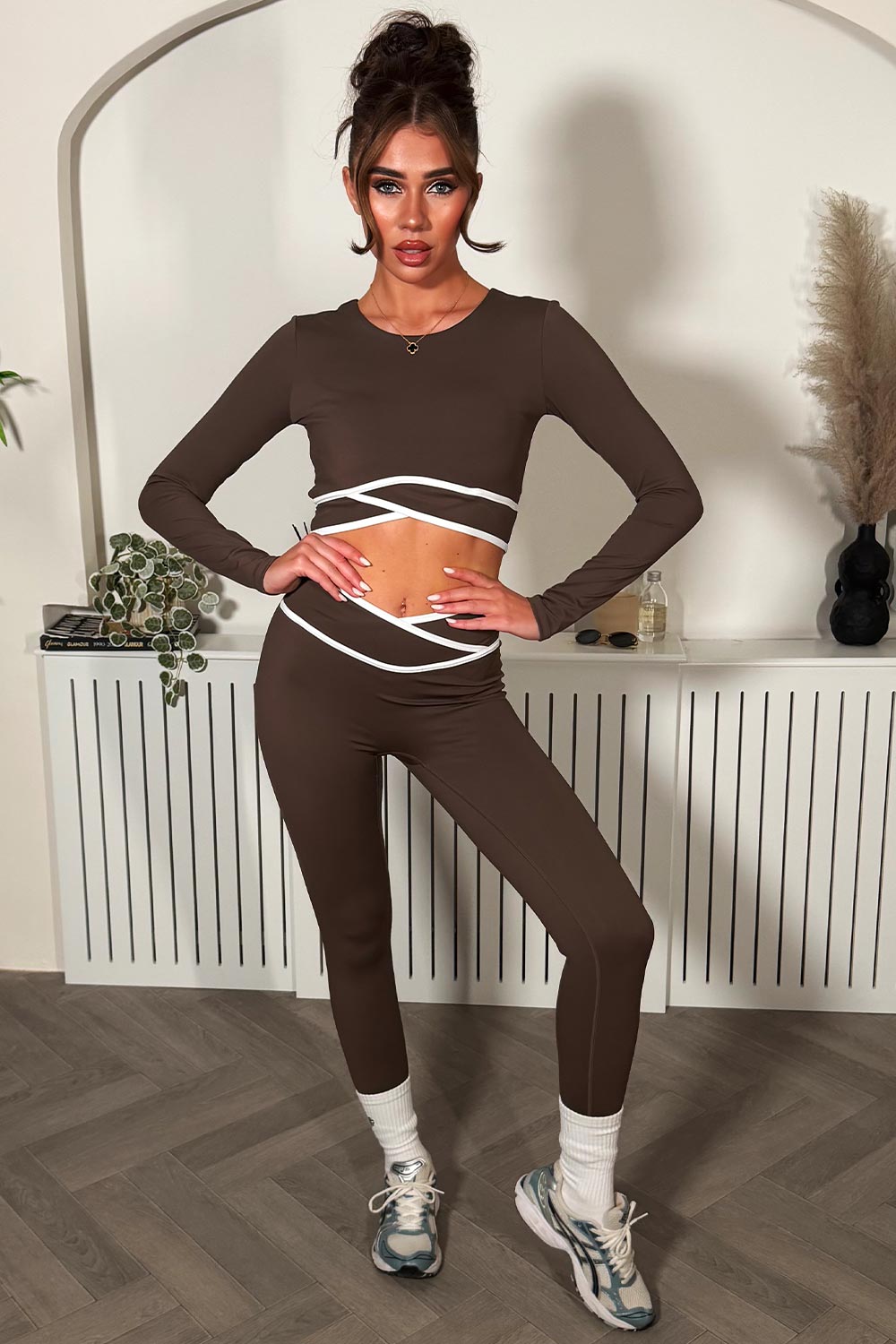 brown crossover v waist leggings and long sleeve crop top two piece co ord set lululemon uk styledup 