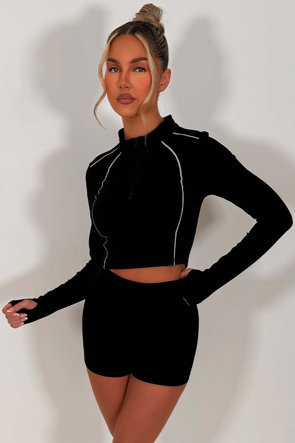 womens 1/2 zip sports top and scrunch bum gym shorts two piece co ord set alo yoga styledup uk