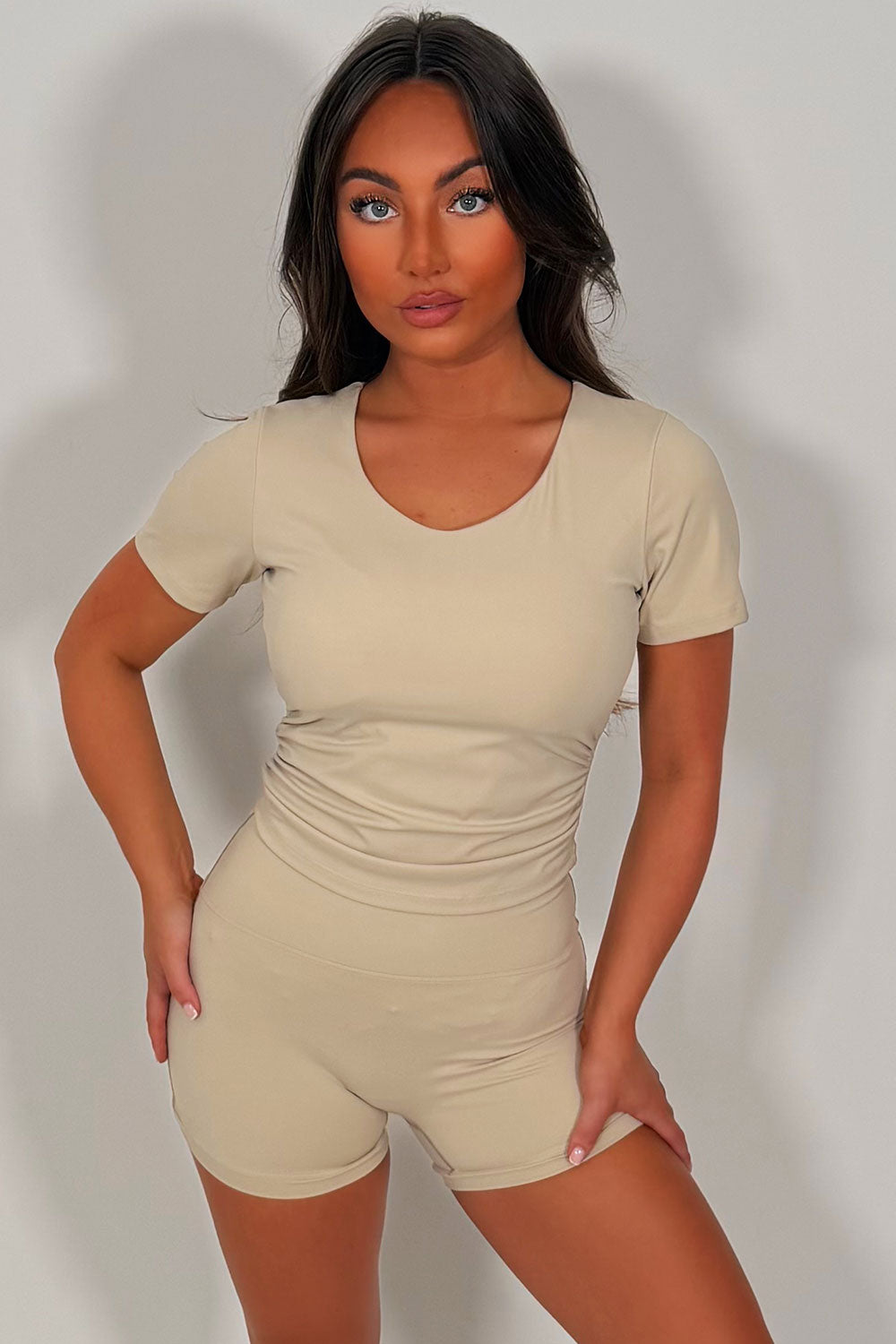 womens crop top and shorts two piece co ord gym pilates outfit alo yoga uk