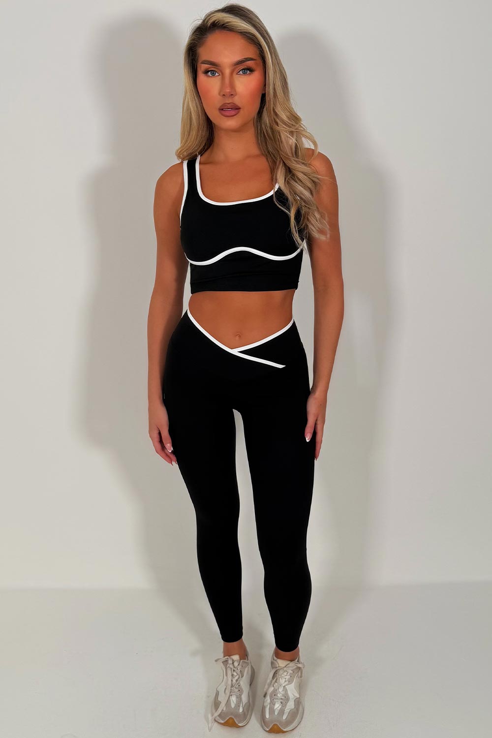 cross over waist yoga leggings and top two piece activewear set for pilates yoga activewear co ord black styledup