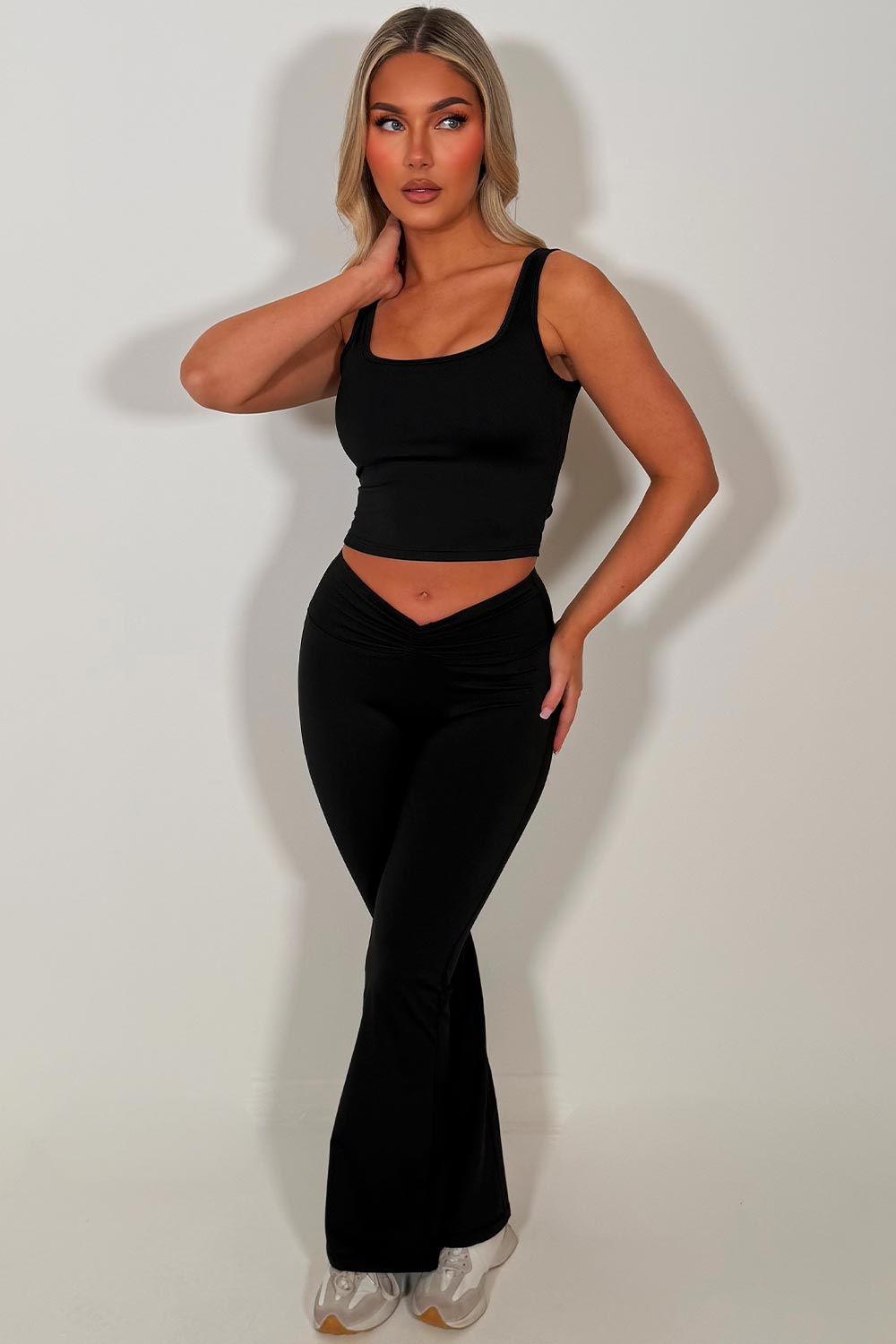 womens v waist ruched front flare yoga pants and top two piece co ord activewear gym set black lululemon uk sale 