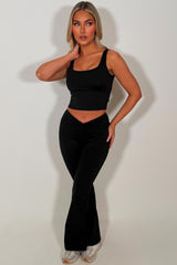 womens v waist ruched front flare yoga pants and top two piece co ord activewear gym set black lululemon uk sale 