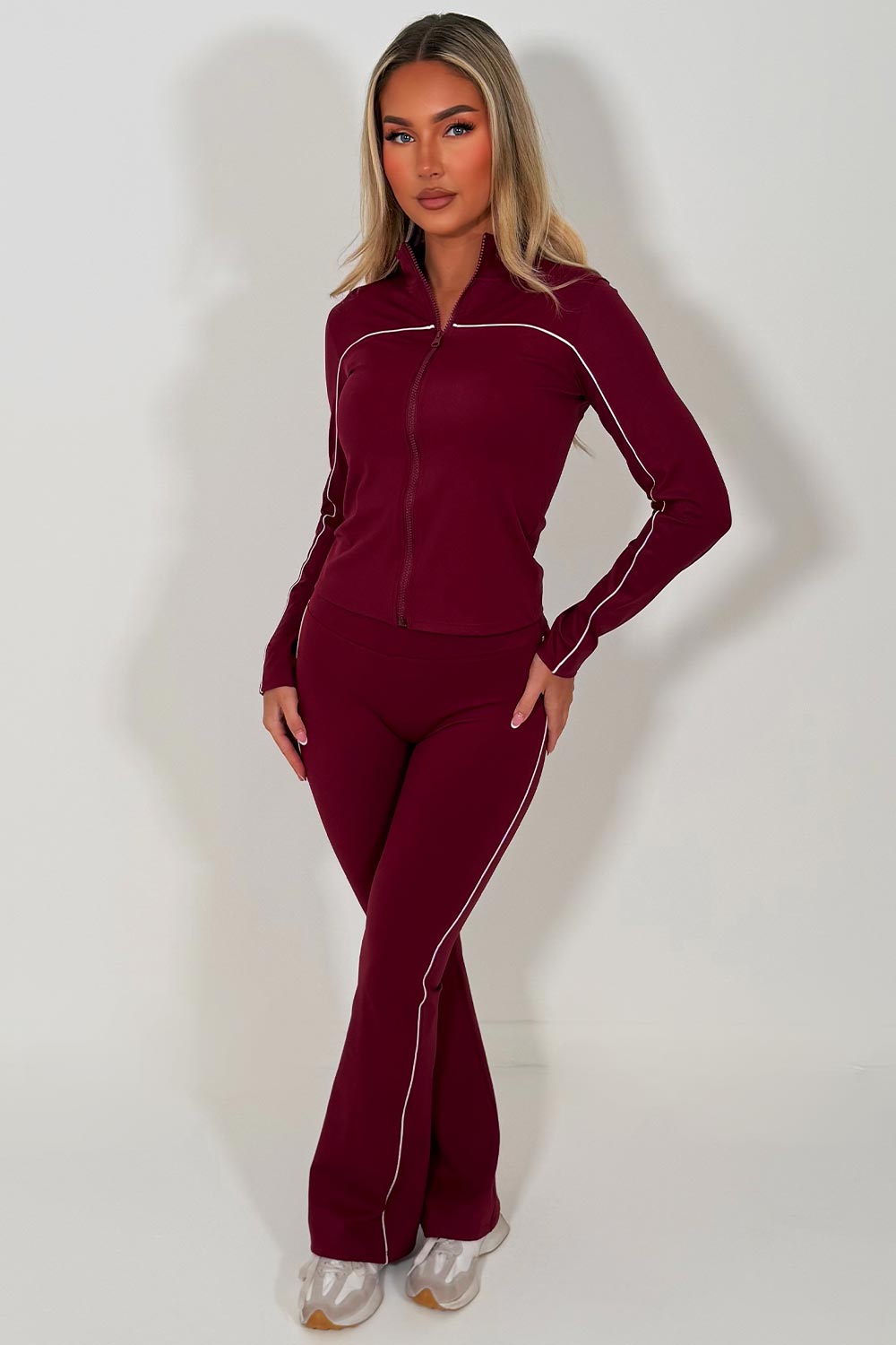 zip up sports jacket & scrunch bum flare pants two piece set matching outfit gym activewear styledup