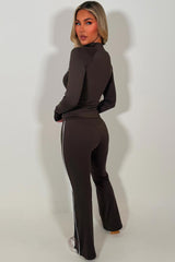 zip up sports jacket and scrunch bum flare pants two piece set brown 
