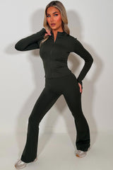 skinny flare trousers and zip up sports jacket two piece set khaki skims