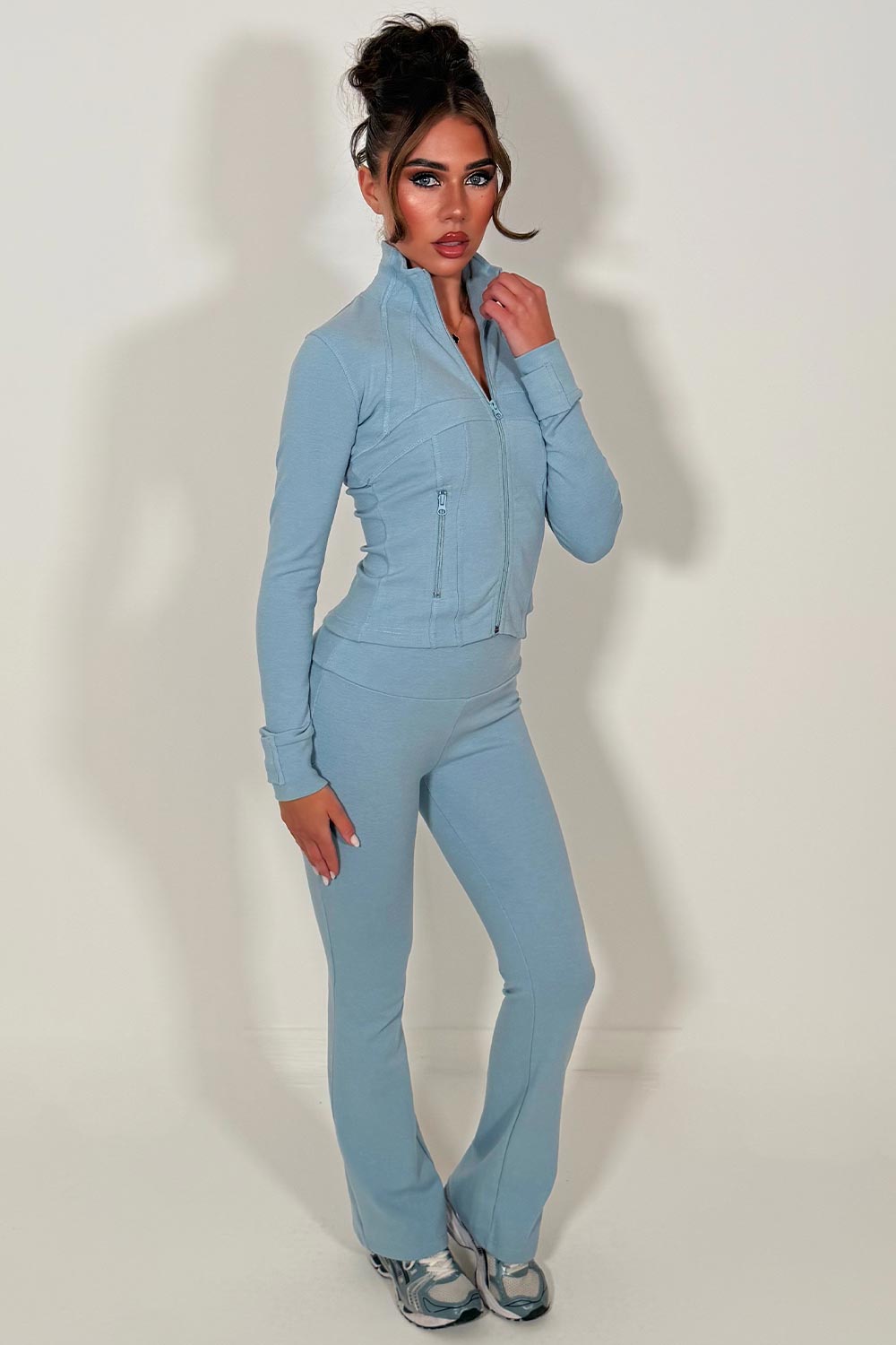 womens sports zip up jacket and flare trousers two piece co ord set alo uk 