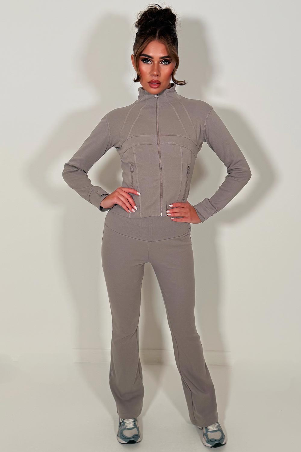 womens zip up sports jacket and flare trousers two piece tracksuit gym set alo uk 