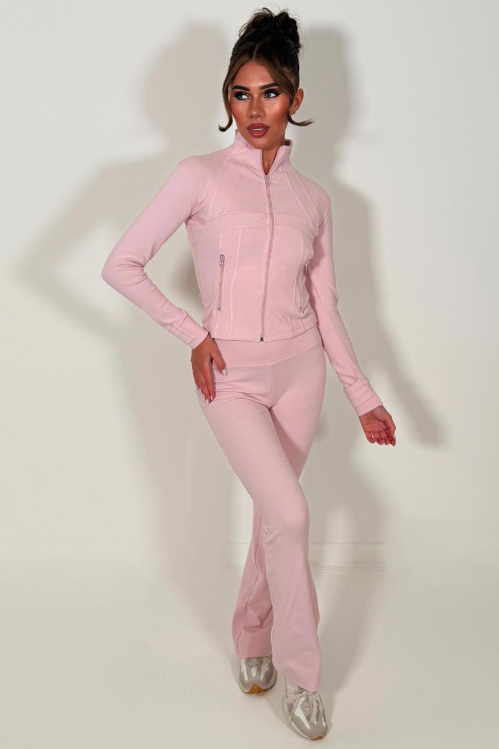 womens sports zip up jacket and flare trousers two piece co ord set alo uk 