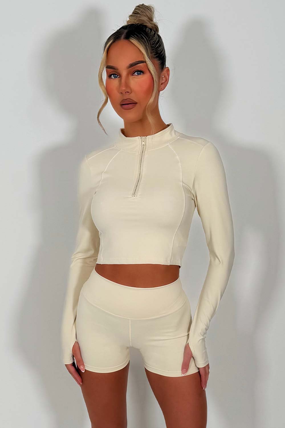 womens athletic 1/2 zip sports top and scrunch bum gym shorts two piece co ord set styledup fashion sale alo yoga