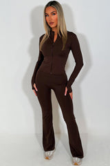 zip up sports jacket and scrunch bum flare trousers two piece set brown 