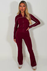 womens lululemon flare high rise pants & zip up sports jacket two piece co ord set burgundy activewear outfit sale styledup