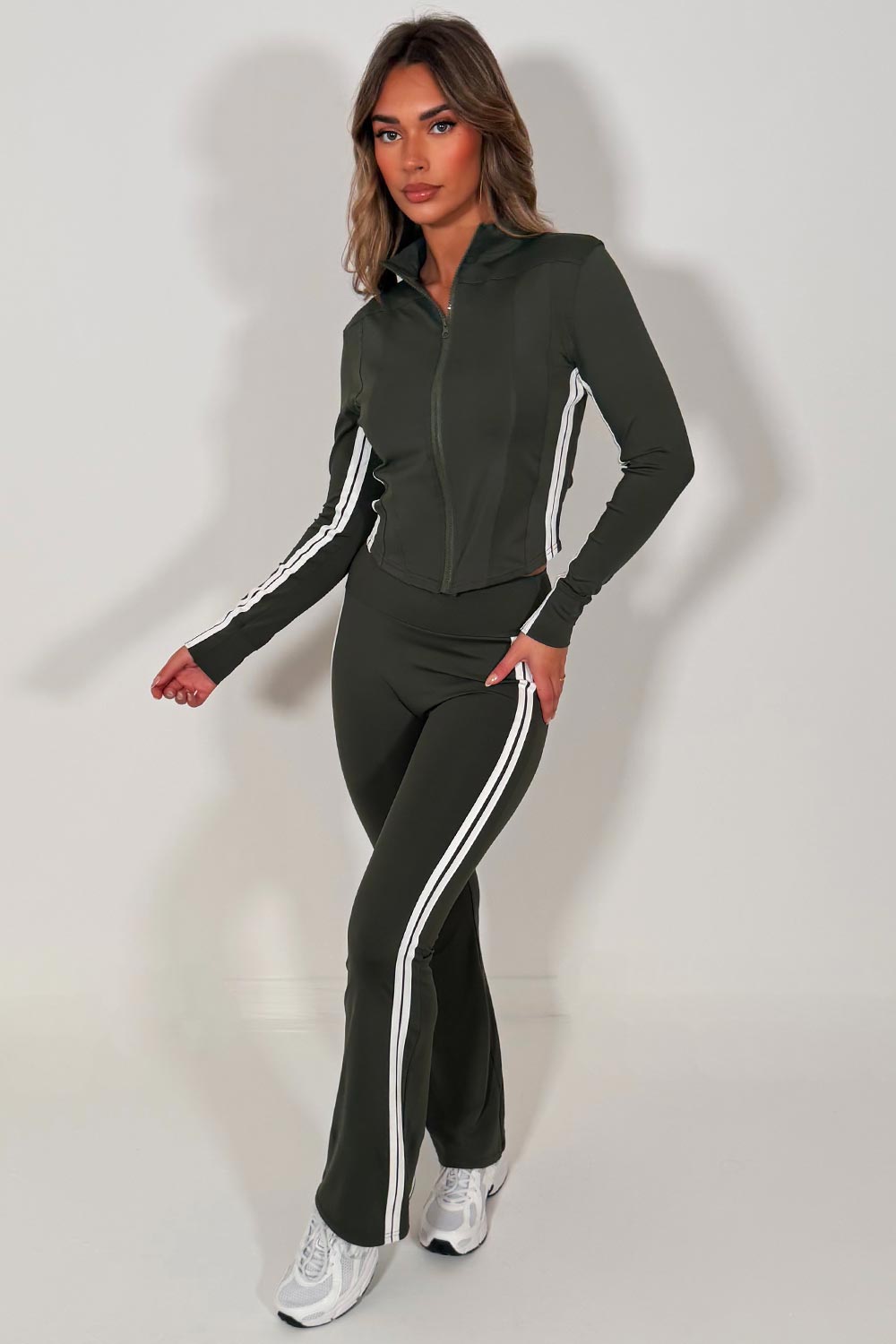 womens lululemon flare trousers and sports track jacket two piece matching co ord set styledup