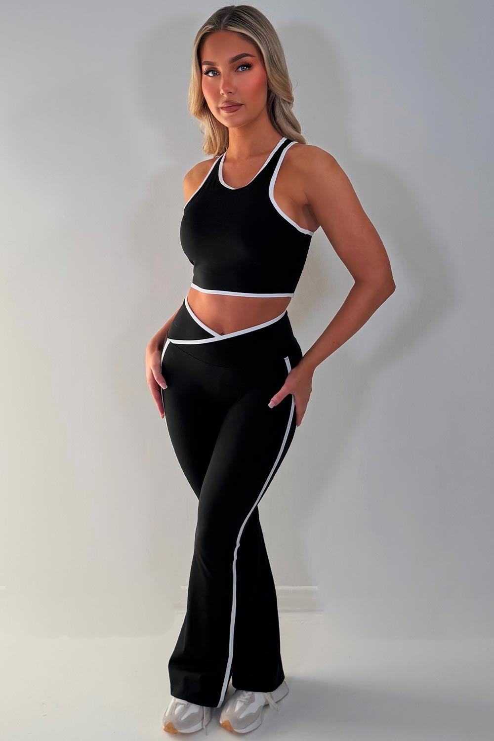 lululemon flare high rise yoga pants crop top and zip up sports jacket 3 piece co ord set black sale styledup