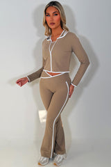 lululemon flare high rise yoga pants crop top and zip up sports jacket 3 piece co ord set beige sale styledup