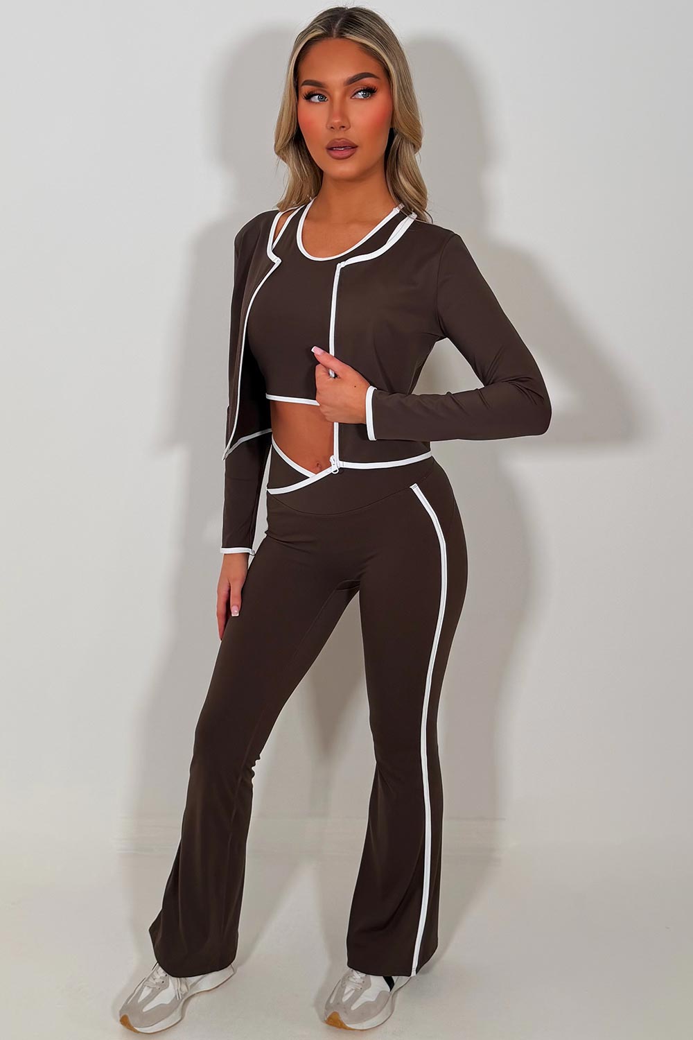 lululemon flare high rise yoga pants crop top and zip up sports jacket 3 piece co ord set brown sale styledup