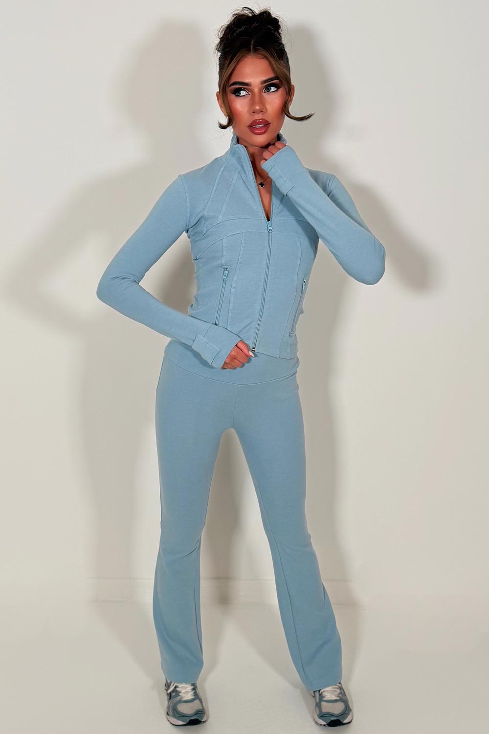 womens alo sports zip up jacket and flare trousers two piece tracksuit set styledup 
