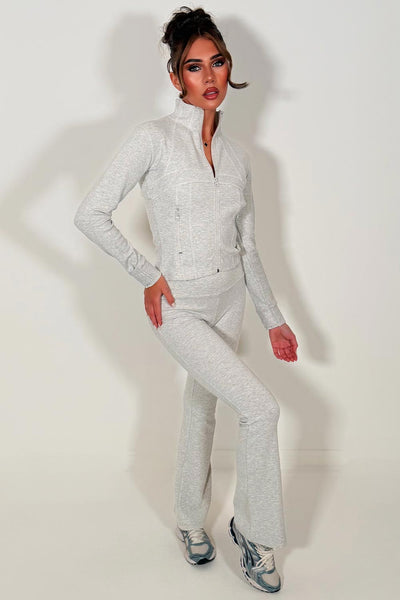 Zip up Sports Jacket And Flare Trouser Tracksuit Co Ord Set Grey Marl