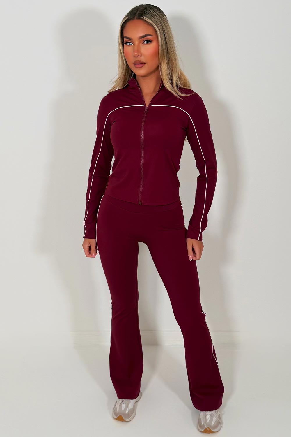 lululemon flare high rise yoga pants and zip up sports jacket two piece co ord set burgundy activewear gym outfit sale styledup