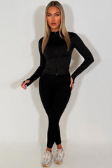 womens lululemon black zip up jacket and leggings two piece co ord set activewear 