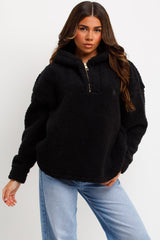 half zip teddy bear fleece sweatshirt hoodie styled up