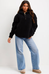 half zip teddy fleece hooded sweatshirt black